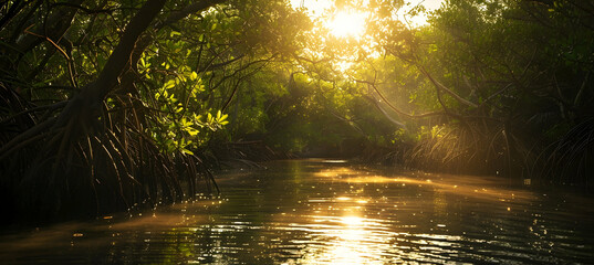 Golden hour lighting casting warm hues over a peaceful mangrove creek, highlighting the gentle movement of water and the occasional fish jumping