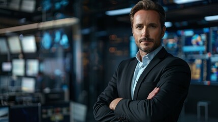 Fototapeta premium Confident Caucasian male in business attire standing in high-tech control room, arms crossed, leadership vibe, modern corporate setting.