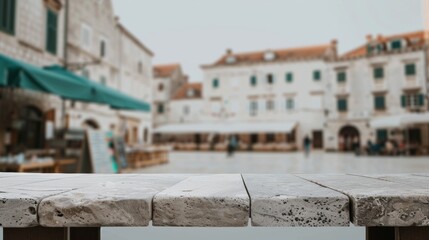 Naklejka premium Elegant Stone Table with a Vibrant Historical Town Square Backdrop for Cultural Tourism