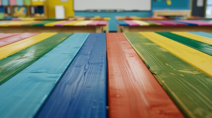 Bright Multi-Colored Table in Classroom Setting with Back to School Theme and Modern Educational Tools