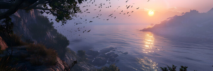 High cliffs overlooking a serene ocean, with a flock of birds soaring in the sky above and the sun...