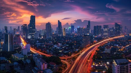 Evening cityscape with dynamic traffic and city lights
