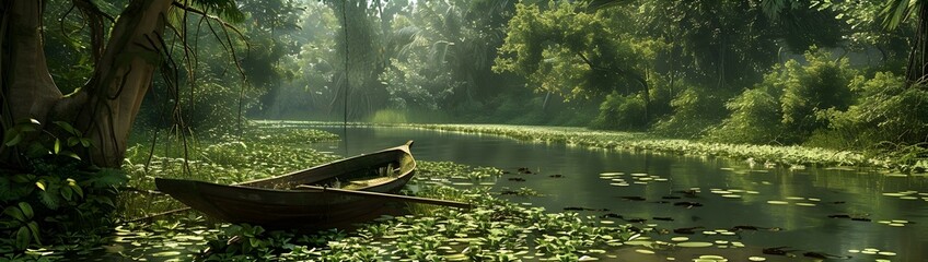 Lush green estuarine environment with dense vegetation and a small wooden boat moored by the riverbank