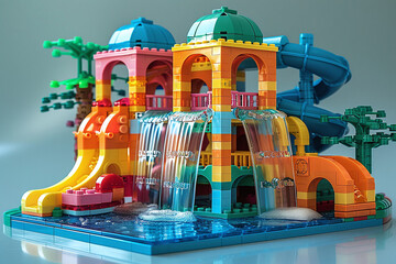lego style colorful water park, summertime fun for kids, toy depict