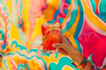 Obraz premium Cheerful Hispanic Young Woman Toasting With Summer Cocktail Against Vibrant Patterned Background