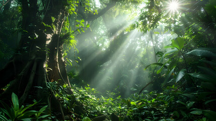 Majestic ancient trees towering over a lush undergrowth in a rainforest, the sunlight filtering through the thick canopy above - obrazy, fototapety, plakaty