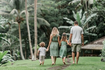 Fototapeta premium Happy Caucasian Family on an Eco-Friendly Guided Nature Walk at a Serene Resort