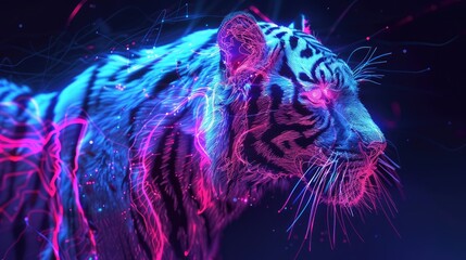 White Tiger Animal Plexus Neon White Background Digital Desktop Wallpaper HD 4k Network Light Glowing Laser Motion Bright Abstract