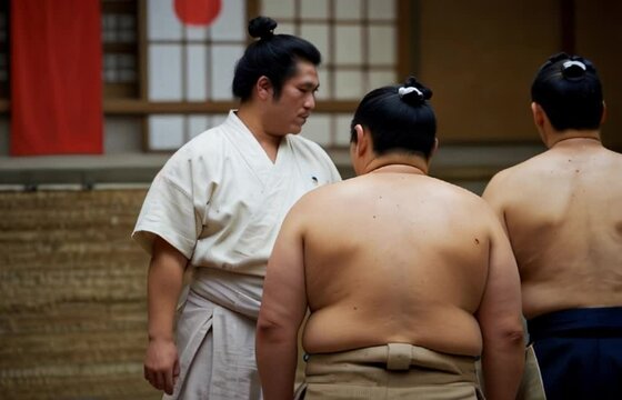 Three Japanese sumo wrestlers are preparing to fight in dohyo, upholding the rich culture and traditions of Japan, embodies the essence of sumo wrestling as a revered Japanese sport video animation