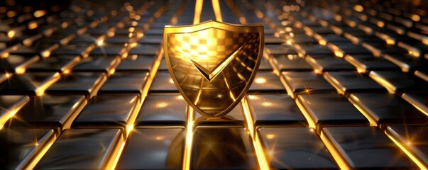 Golden shield on metallic grid background