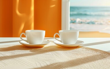 Serene Bondi Beach Morning: Luxurious Beachside Breakfast with Coffee and Ocean View - obrazy, fototapety, plakaty