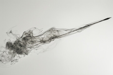 A javelin, its trajectory traced by a trail of smoke, frozen in time against a backdrop of white.