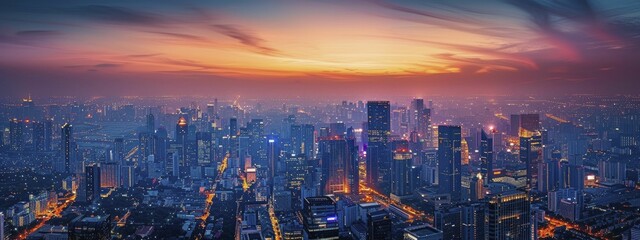 Elevated cityscape at twilight, with glittering city lights and clear skies, captured from a skyscraper's perspective, suitable for real estate promotions, city event posters.