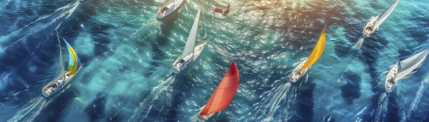 A captivating aerial perspective captures the vibrant regatta scene, ideal for showcasing nautical sports, maritime education, and lifestyle content.