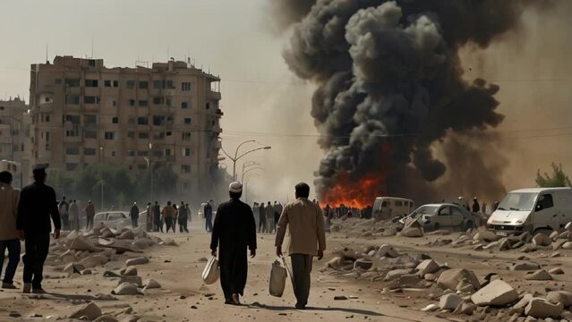 panoramic view captures a Middle Eastern city engulfed in flames and smoke, buildings are bombed, while people flee their homes in desperation, depicts the chaos and devastation of war video animation