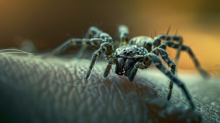 A spider seen up close, crawling on an individuals arm in this detailed shot. The spiders movements and the persons reaction are captured in this moment. Generative AI