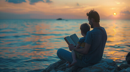 A father and a boy are sitting on the beach reading a book, tales or a Bible