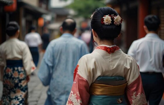 geisha is seen from behind as she gracefully walks through the streets of Japan, adorned in traditional attire. Her elegant and traditional costume evoke the cultural richness of Japan video animation