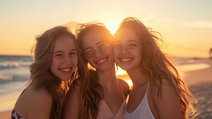 Three beautiful girls on the beach at sunset. Vacation time laughing and smiling