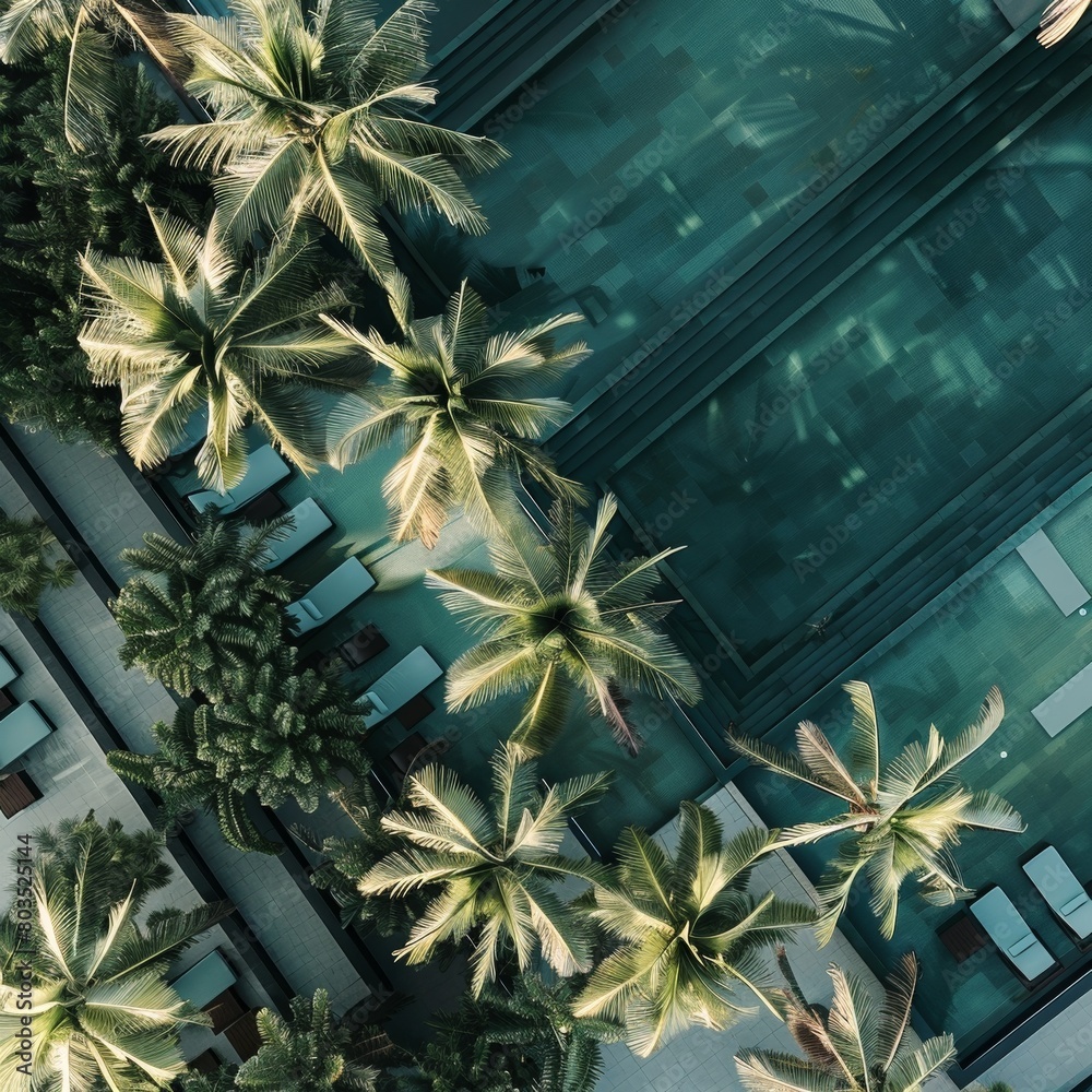 Poster serene eco-friendly resort cabanas amidst palm trees in symmetrical aerial view