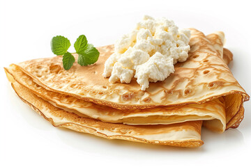Thin pancakes and cottage cheese on white background.
