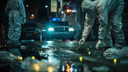 Forensic experts investigate a night crime scene in urban setting, wet asphalt reflects lights. Capturing the essence of nocturnal investigation. AI