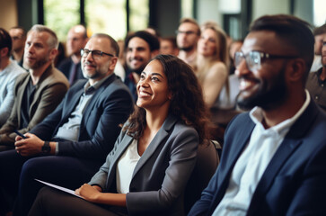 Obraz premium Group of business people at seminar, official meeting, people in business suits listening to speech