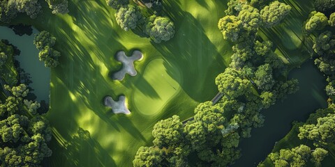 Overhead view of a professional golf tournament in progress, capturing players and landscapes, suitable for sports marketing materials, golf instruction videos, and resort advertisements.