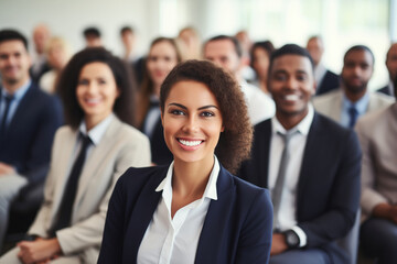 Fototapeta premium Group of business people at seminar, official meeting, people in business suits listening to speech