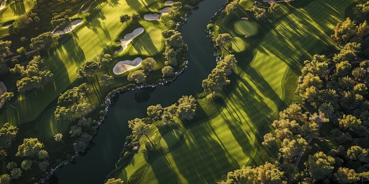 Experience the dynamic beauty of a professional golf event from a bird's-eye view, perfect for sports promos and resort ads. - Powered by Adobe
