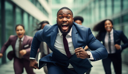 Running joyful black businessman with colleagues business people having race together in the office