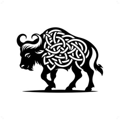 Buffalo silhouette in animal celtic knot, irish, nordic illustration