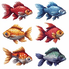 Fototapeta premium Pixel Art Fish Pack, Goldfish Illustration Set, 8Bit Pet and Animal Artwork, Video Game Assets Pixel Art Pack, Retro Pixelated Gaming Sprites Set, White Background, Isolated Platformer Objects Element