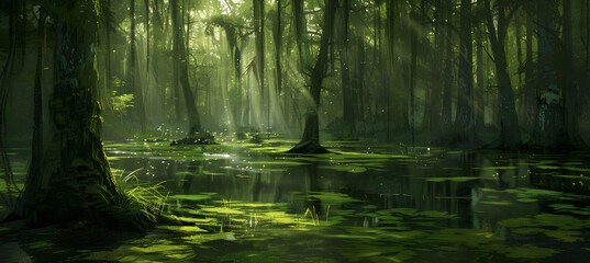 Sunlight filtering through dense swamp trees, casting dappled light on a carpet of floating moss and small, scattered ponds