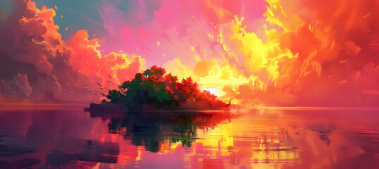 Sunrise over a secluded island, the sky painted in vibrant shades of orange and pink, reflecting on...