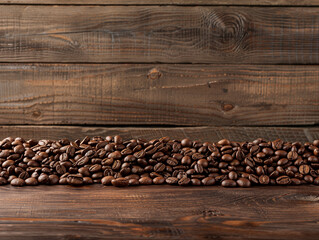 Fototapeta premium Chicchi di caffè su sfondo di tavole di legno