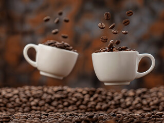 Due tazze di caffè che volano e fluttuano in aria su uno sfondo di caffè in grani e chicchi,...