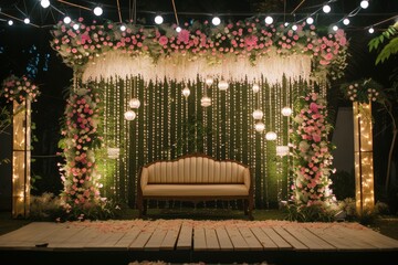 decoration for wedding. wedding ceremonies decoration. wedding hall decoration. elegant wedding stage with flowers. wedding stage decoration gold theme. Luxury wedding stage decoration.