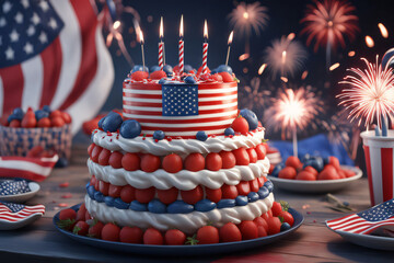Happy 4th of July celebration, Independence Day, American day, Flag, candles, cake and cupcakes on a table, fireworks USA, junk food, red white blue white stars