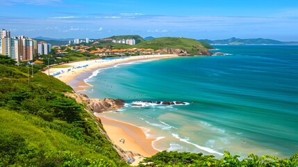 Obraz premium Tropical Beach Panorama with Vibrant Blue Sea, Lush Greenery, and Urban Skyline. Perfect for Travel and Postcards. Coastal Serenity Captured. AI