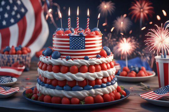 Happy 4th of July celebration, Independence Day, American day, Flag, candles, cake and cupcakes on a table, fireworks USA, junk food, red white blue white stars