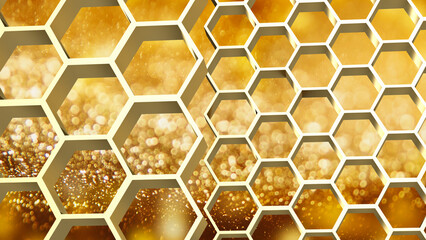 The gold hexagon or beehive pattern on Bokeh Background for sci or medical concept 3d rendering. - obrazy, fototapety, plakaty