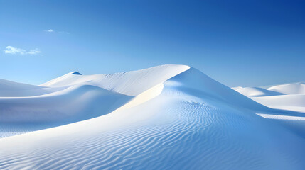 The contrast of a deep blue sky against towering white sand dunes, captured in the harsh light of midday