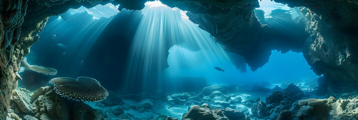 The ethereal beauty of an underwater cave system, with light filtering through the water to reveal the intricate rock formations and marine life residing within