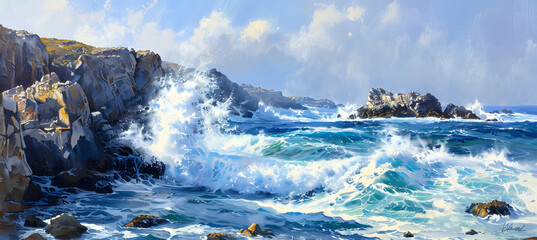 The fierce spray of the ocean as waves crash against rugged cliffs, captured in high detail,...