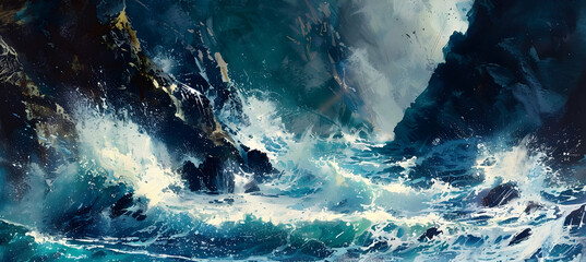 The fierce spray of the ocean as waves crash against rugged cliffs, captured in high detail, showcasing the power and beauty of nature