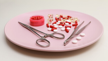 Medical instruments and pills on a pink plate. Isolated on white background.