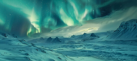 Fototapeta premium The Northern Lights (Aurora Borealis) vividly dancing over a snowy Arctic tundra, shot with high dynamic range to capture the colors vividly