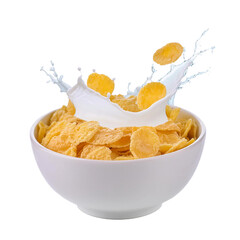 Corn flakes with milk splash in white bowl isolated on transparent background, png corn flakes, corn flake cut out