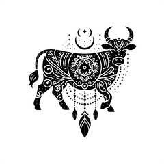 Cow silhouette in bohemian, boho, nature illustration